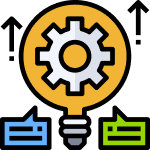 Idea generation and project planning with a light bulb and gear for a dumpster rental franchise.